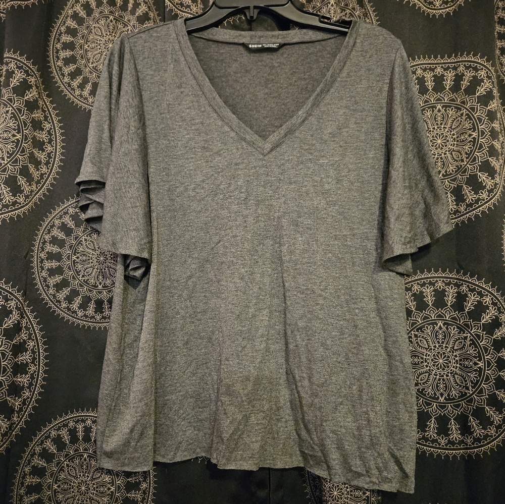 Shein Grey Ruffle Sleeve Short Sleeve Top